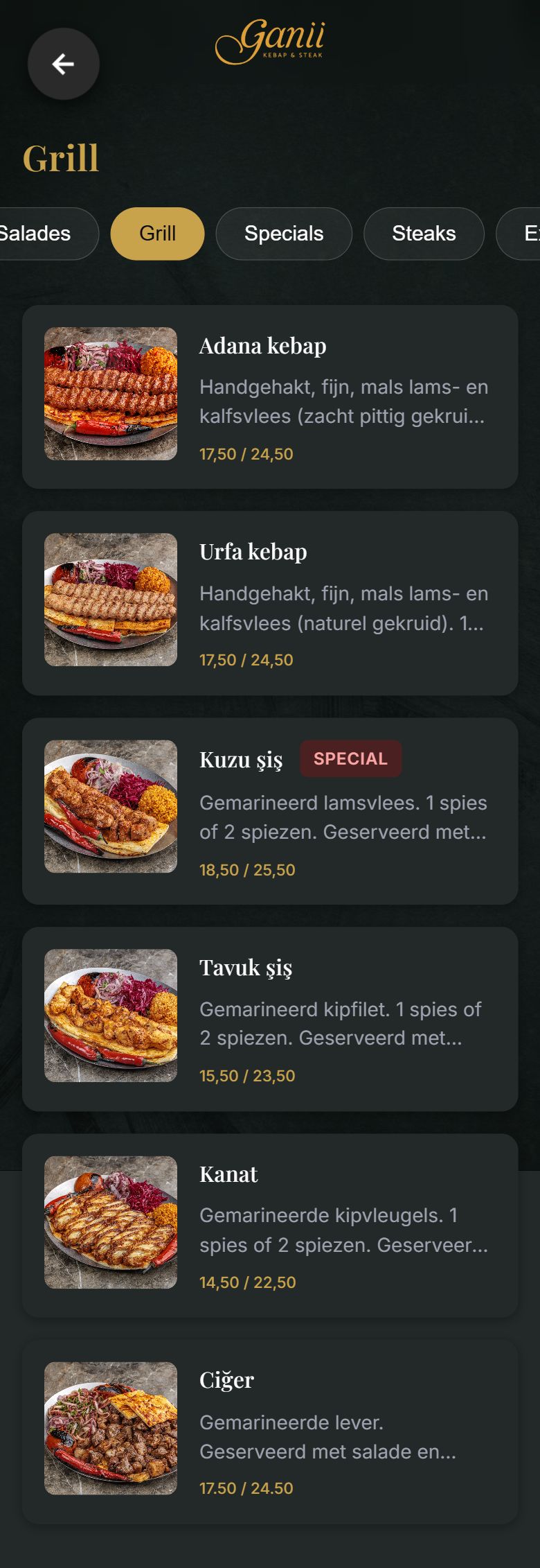 Het QR-menu van Ganii Kebap & Steak